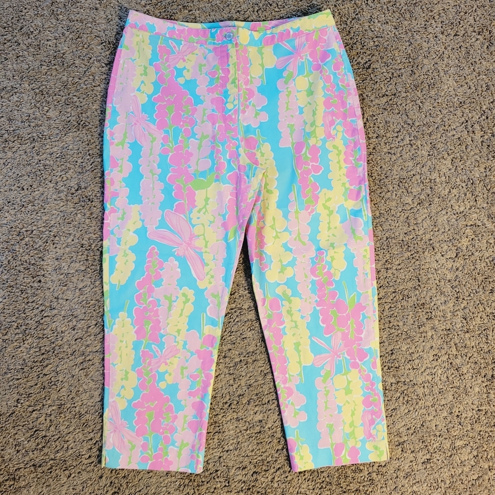 Lilly Pulitzer vintage pink & blue dragonfly cropped pants size 12